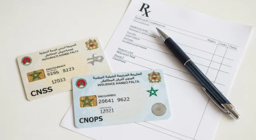 Carte CNSS et carte CNOPS posées à côté d une ordonnance médicale pour remboursement ophtalmologique