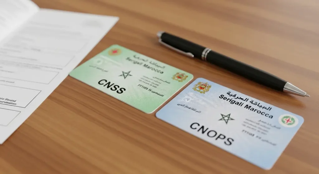Cartes d'assurance maladie CNSS et CNOPS au Maroc côte à côte sur un bureau