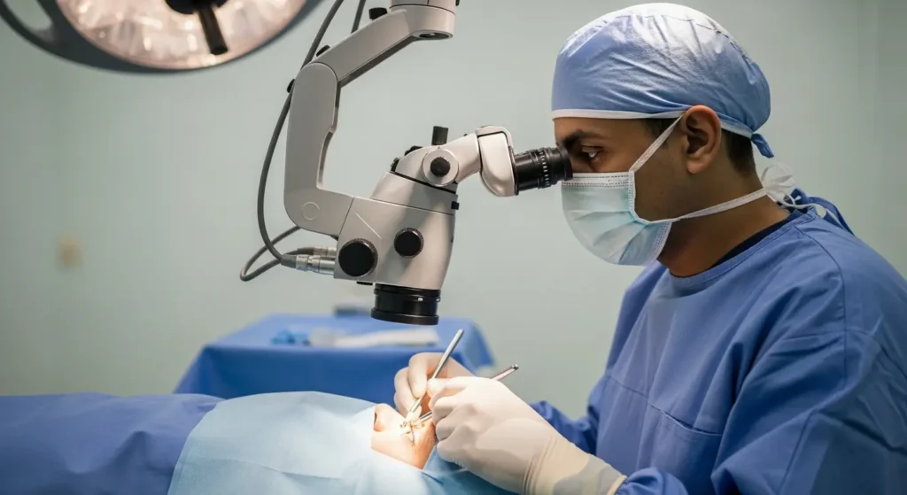 Chirurgien ophtalmologue réalisant une opération du glaucome