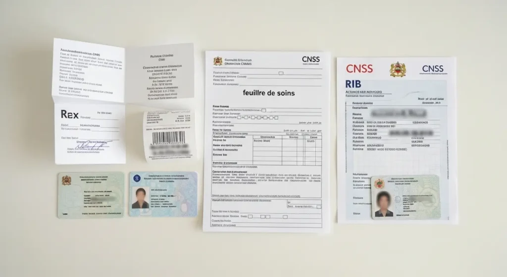 Dossier complet de remboursement CNSS avec feuille de soins, ordonnance et justificatifs