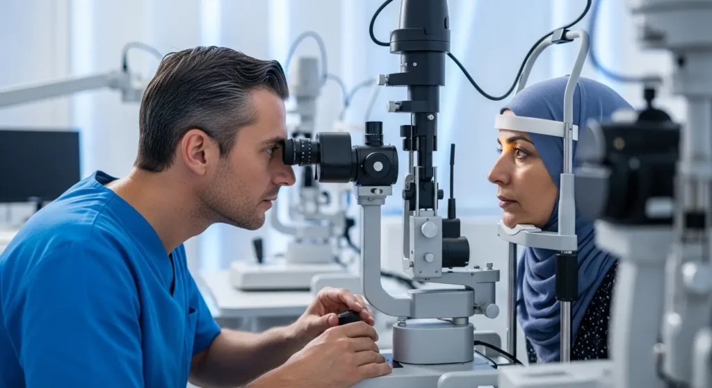 Examen à la lampe à fente pour mesure de la pression intraoculaire