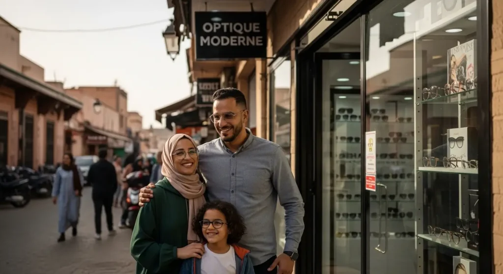 Famille marocaine portant des lunettes correctrices après remboursement AMO au Maroc