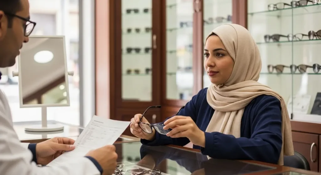 Femme marocaine chez un opticien pour le remboursement de ses lunettes de vue AMO