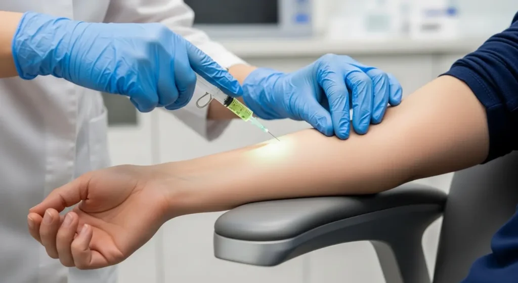 Injection du produit de contraste fluorescéine lors d'une angiographie rétinienne