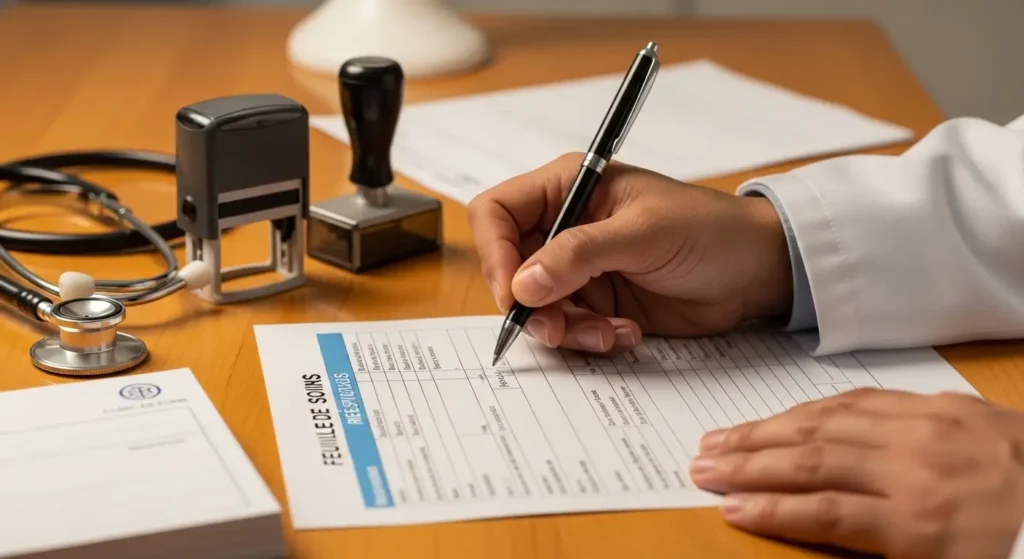 Médecin marocain remplissant une feuille de soins pour remboursement CNSS