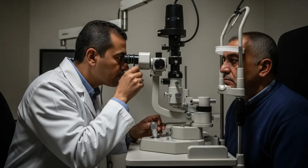 Ophtalmologiste réalisant un fond d œil sur un patient dans une salle d examen au Maroc