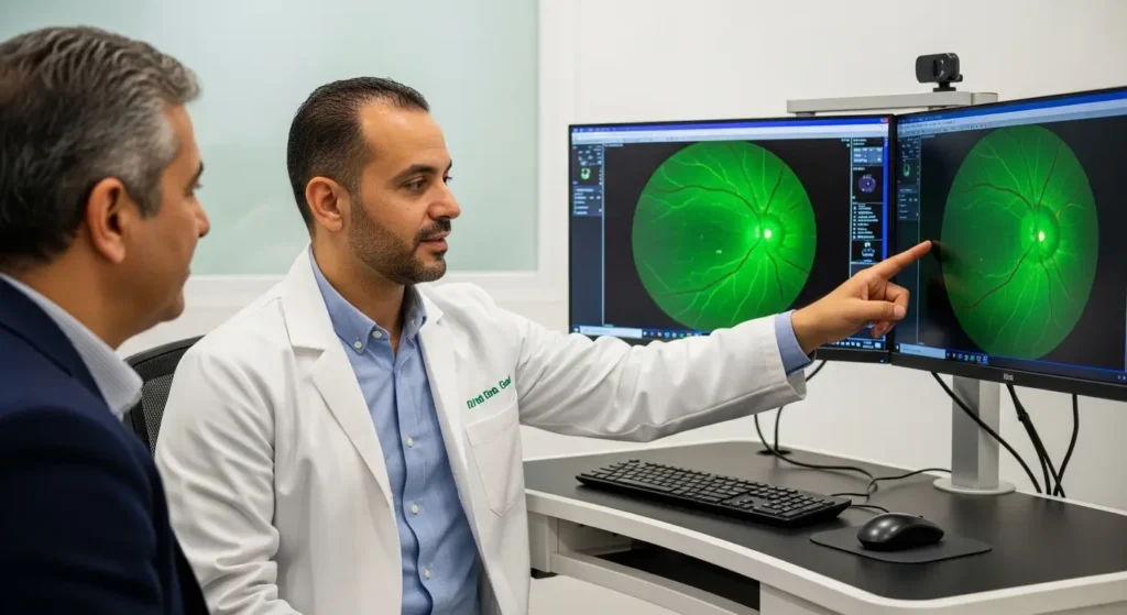 Ophtalmologue marocain analysant les résultats d'une angiographie rétinienne sur écran