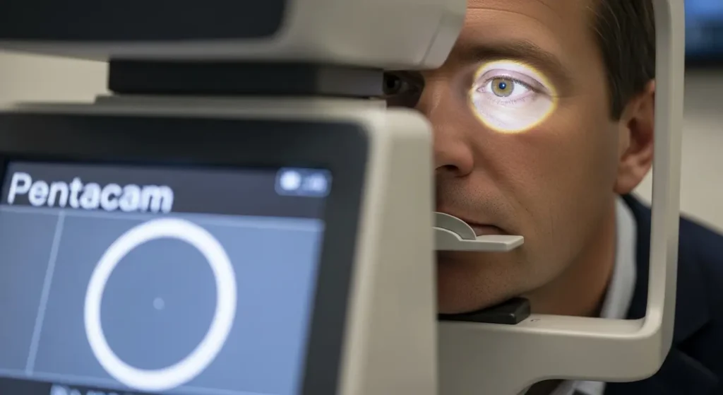 Patient en train de passer une topographie cornéenne sur un appareil Pentacam en cabinet ophtalmologique