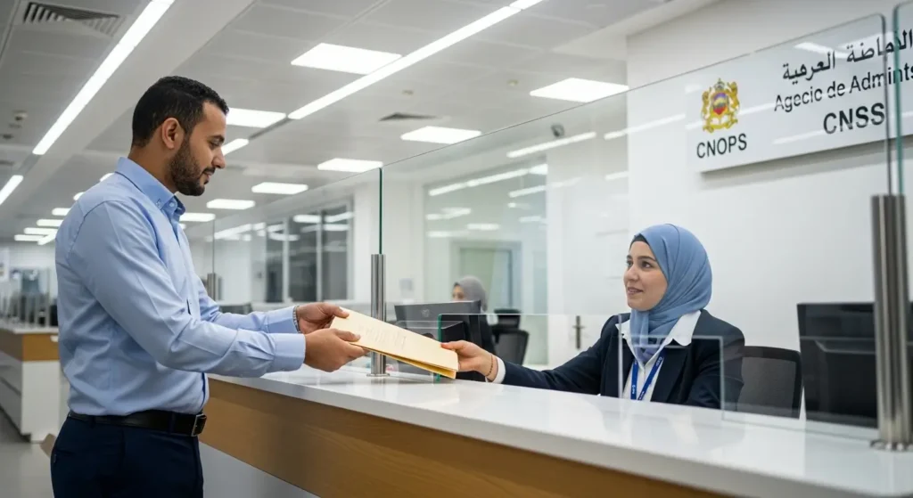 Patient marocain déposant son dossier de remboursement lunettes au guichet de la CNOPS