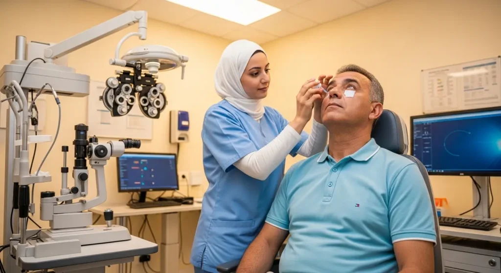 Patient recevant des gouttes mydriatatiques avant une angiographie rétinienne au Maroc