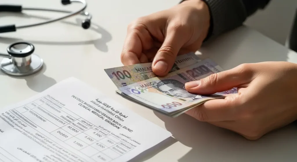 Patient tenant des dirhams marocains à côté d une facture médicale pour un bilan ophtalmologique