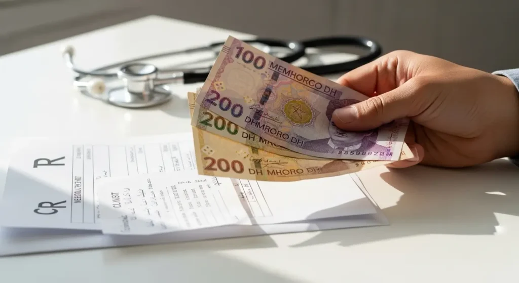 Patient tenant des dirhams marocains pour payer une consultation ophtalmologue en secteur privé