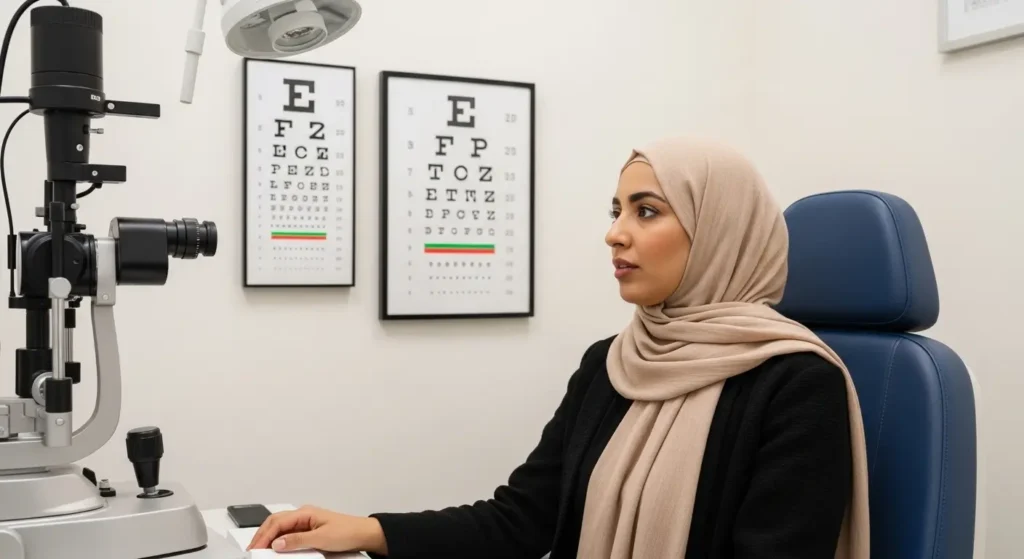 Patiente marocaine lors d'un test d'acuité visuelle chez un ophtalmologue