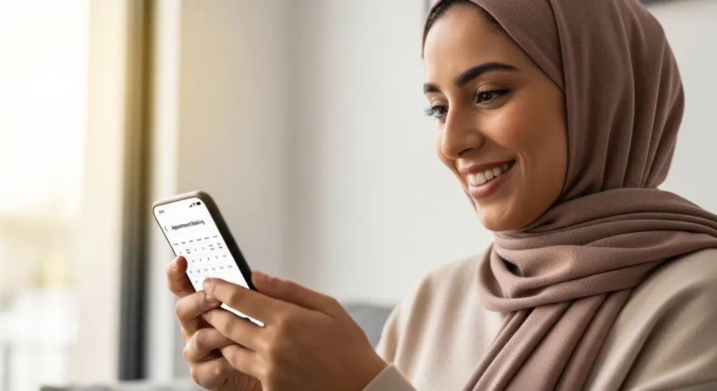 Patiente marocaine prenant rendez-vous en ligne pour une consultation ophtalmologique