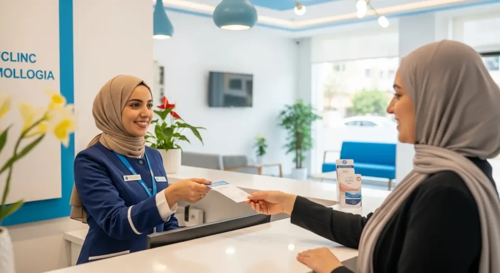 Réceptionniste d'une clinique ophtalmologique marocaine remettant un rendez-vous à une patiente