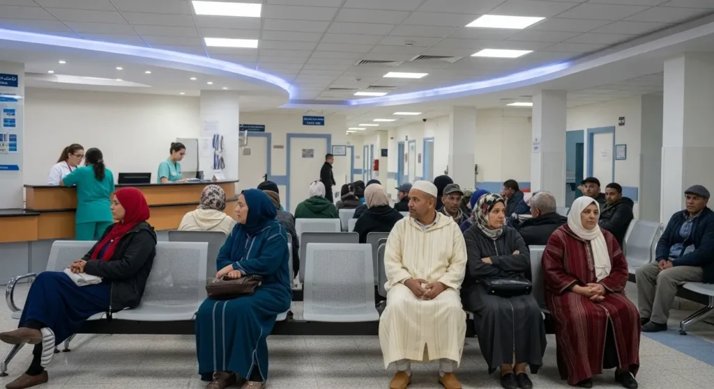 Salle d'attente de CHU marocain pour une consultation ophtalmologique en secteur public